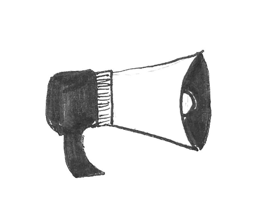 Black and white drawing of a megaphone